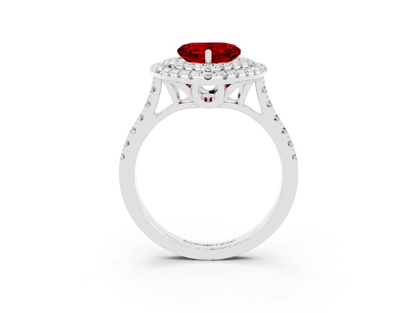White gold Double Halo Heart Cut Ruby Pavé Band with Four-Prong Setting