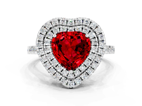 White gold Double Halo Heart Cut Ruby Pavé Band with Four-Prong Setting