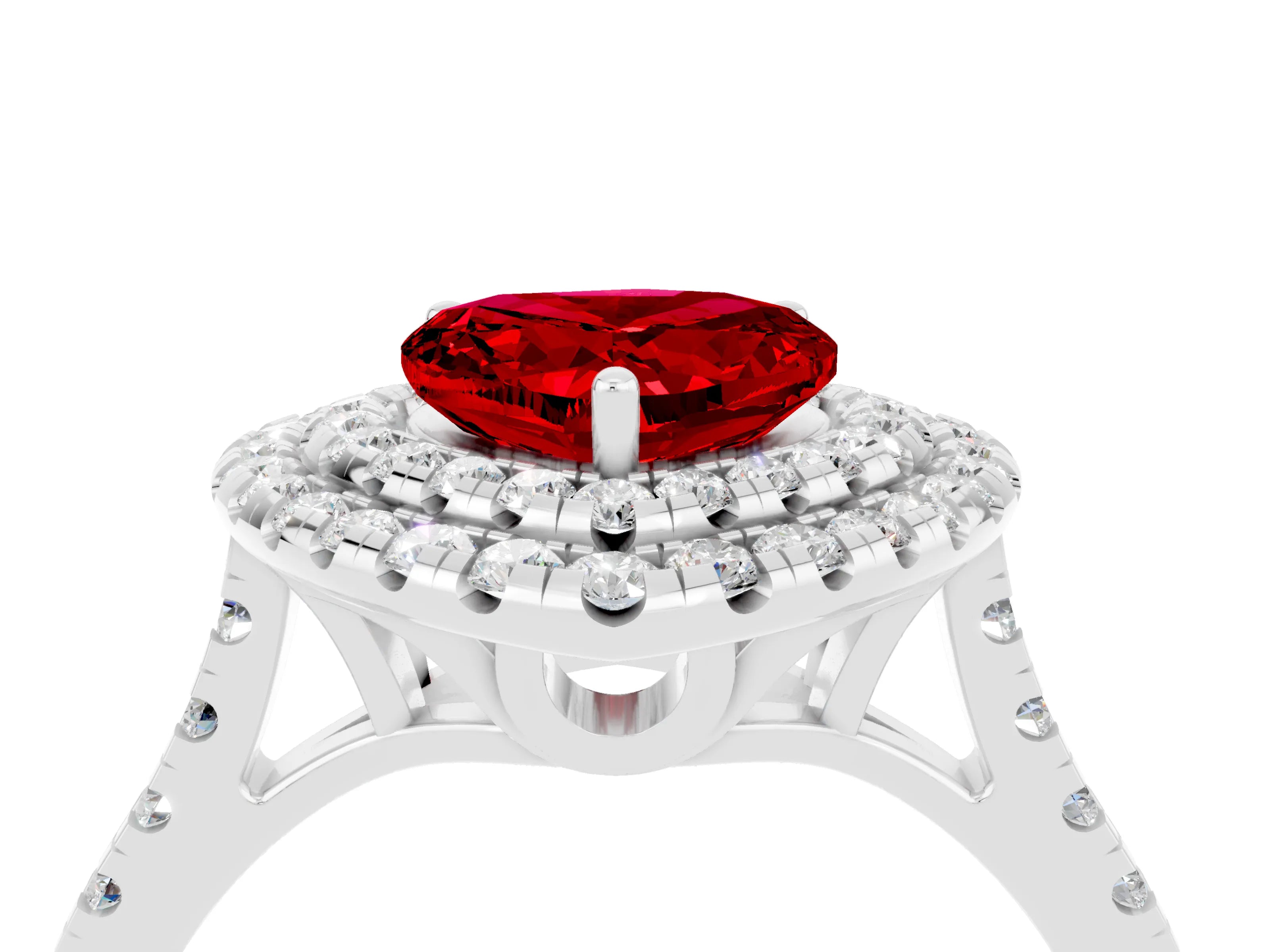 White gold Double Halo Heart Cut Ruby Pavé Band with Four-Prong Setting_4