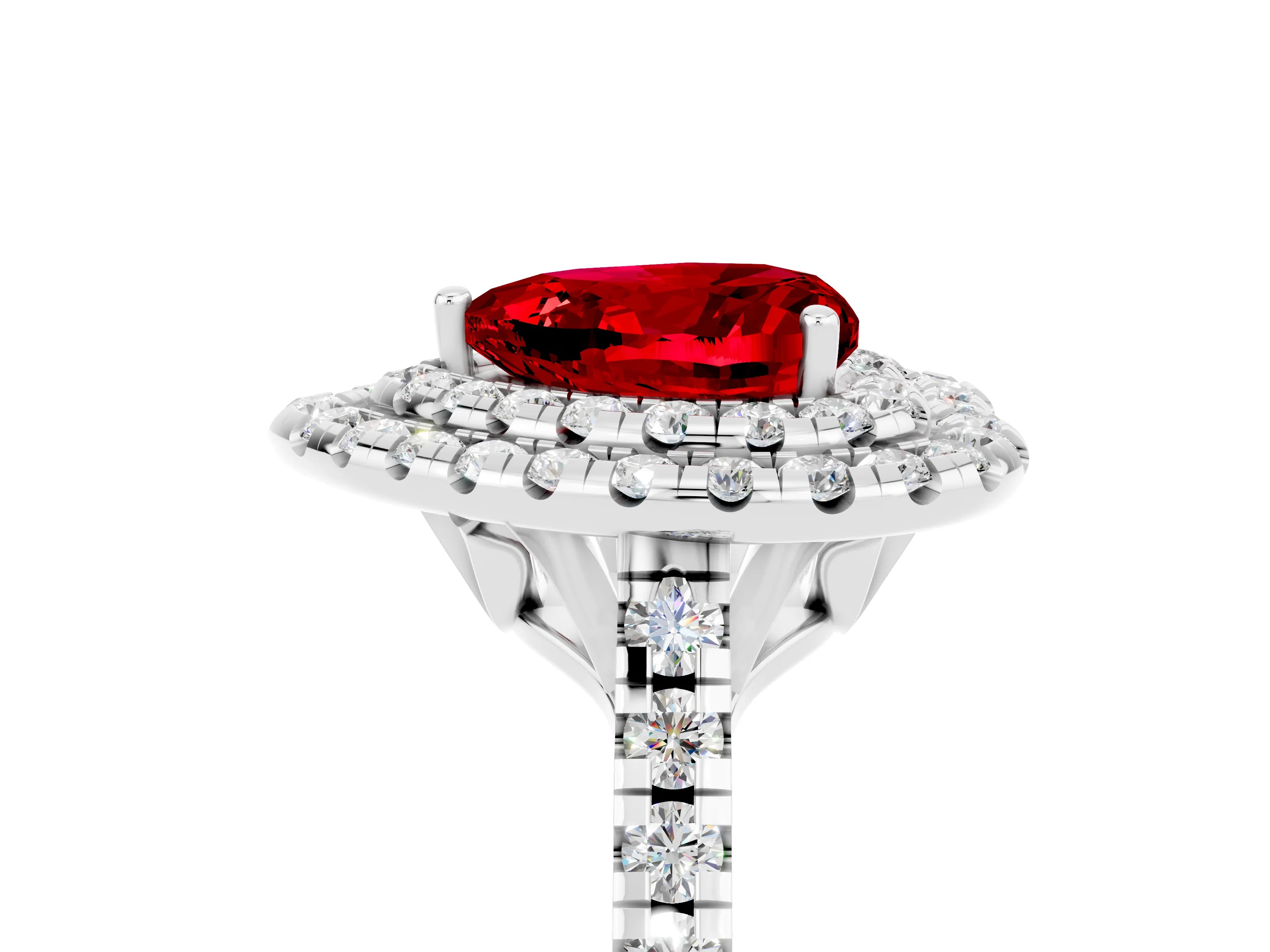 White gold Double Halo Heart Cut Ruby Pavé Band with Four-Prong Setting_5