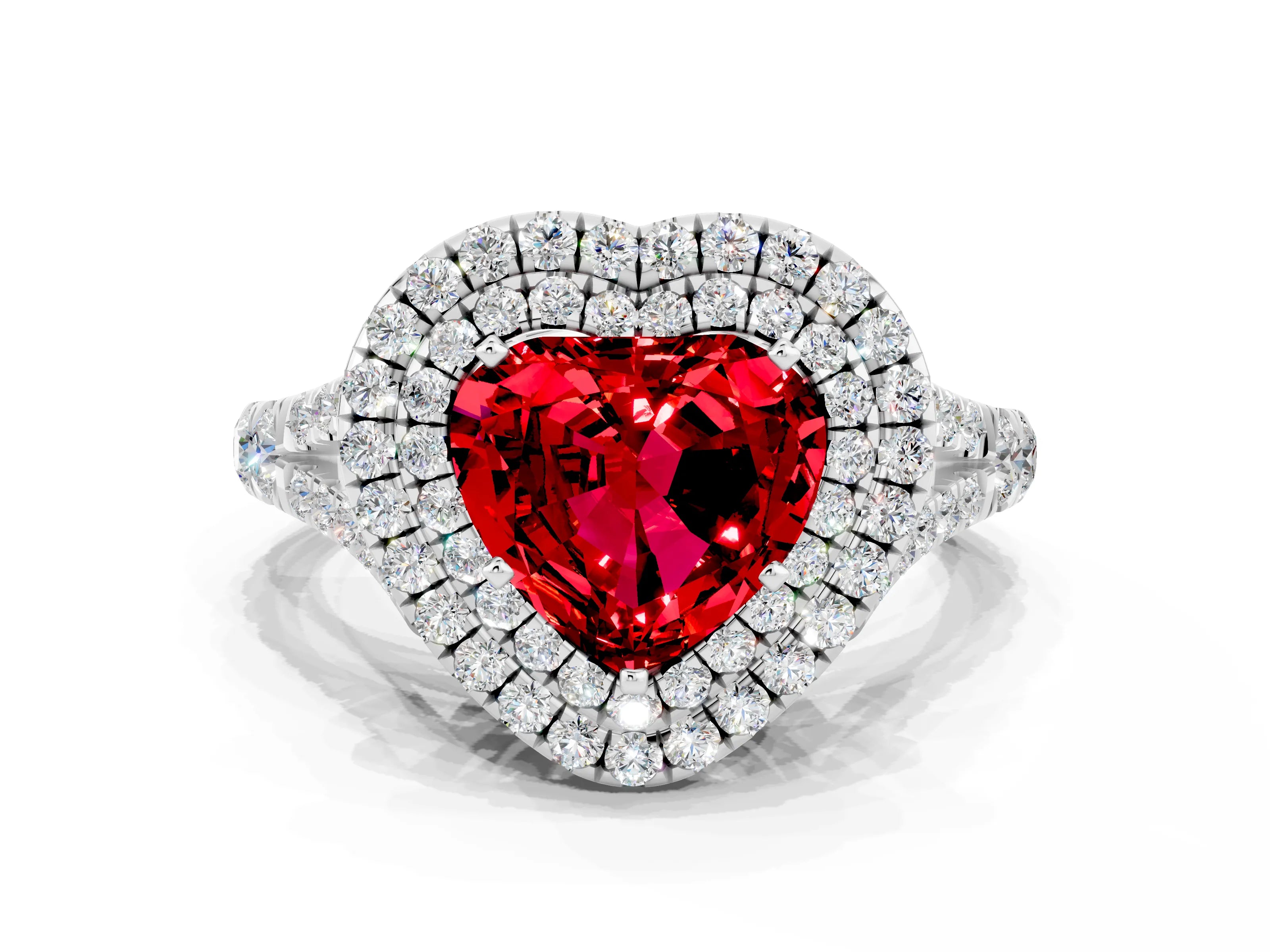 White gold Double Halo Heart Cut Ruby Pavé Split Shank Ring with Prong Setting