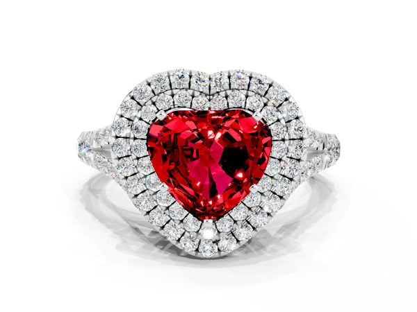 Platinum Double Halo Heart Cut Ruby Pavé Split Shank Ring with Prong Setting