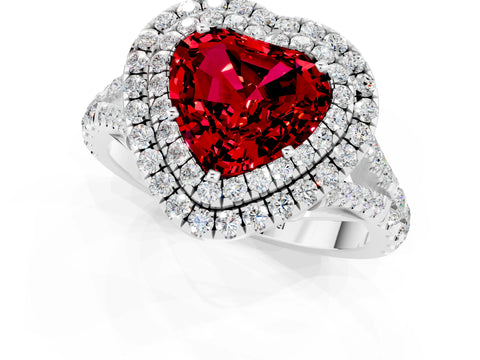 White gold Double Halo Heart Cut Ruby Pavé Split Shank Ring with Prong Setting_1