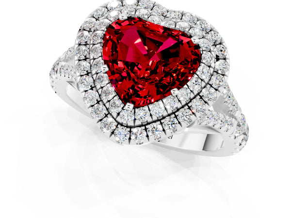 White gold Double Halo Heart Cut Ruby Pavé Split Shank Ring with Prong Setting