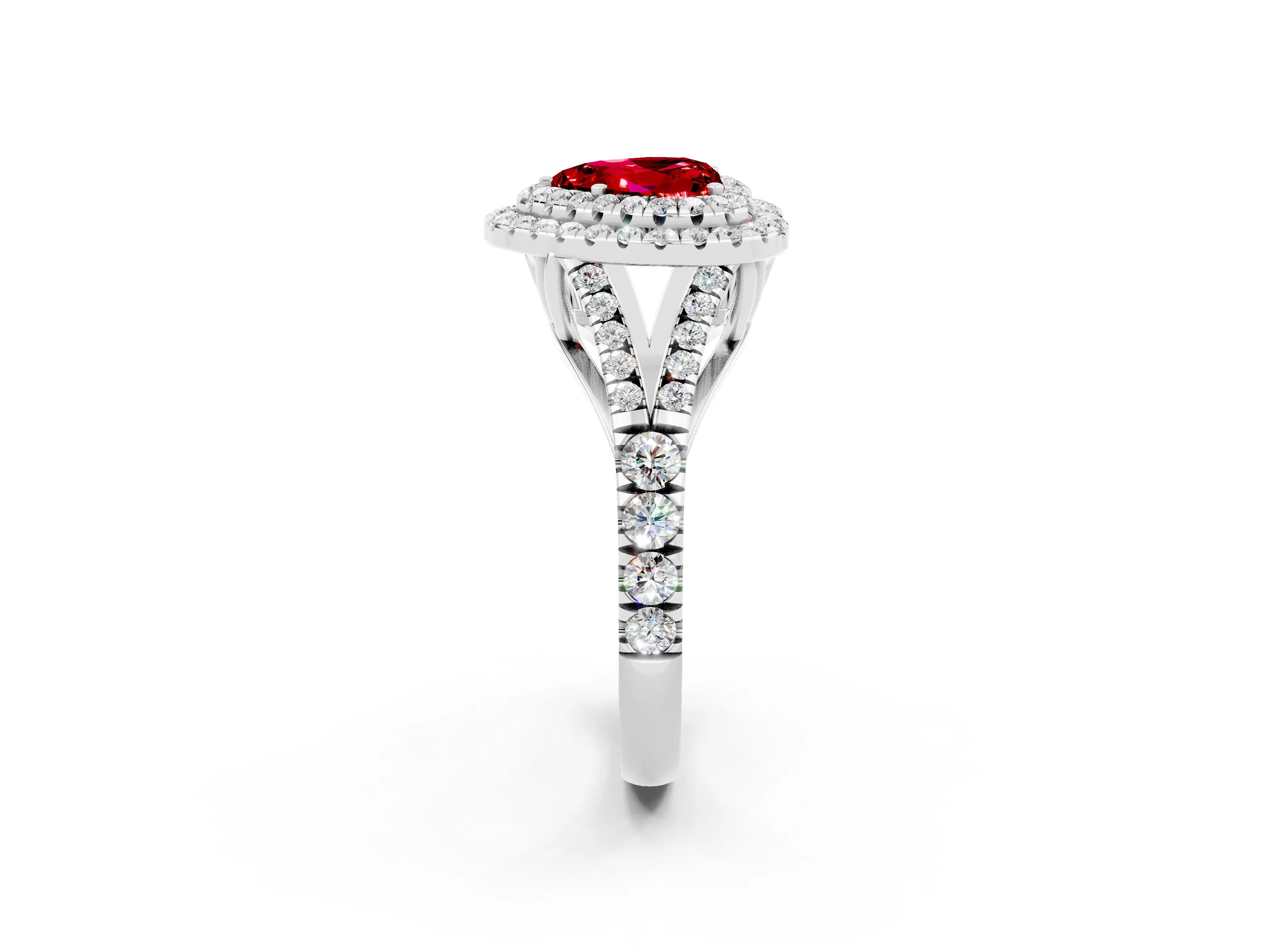 White gold Double Halo Heart Cut Ruby Pavé Split Shank Ring with Prong Setting_2