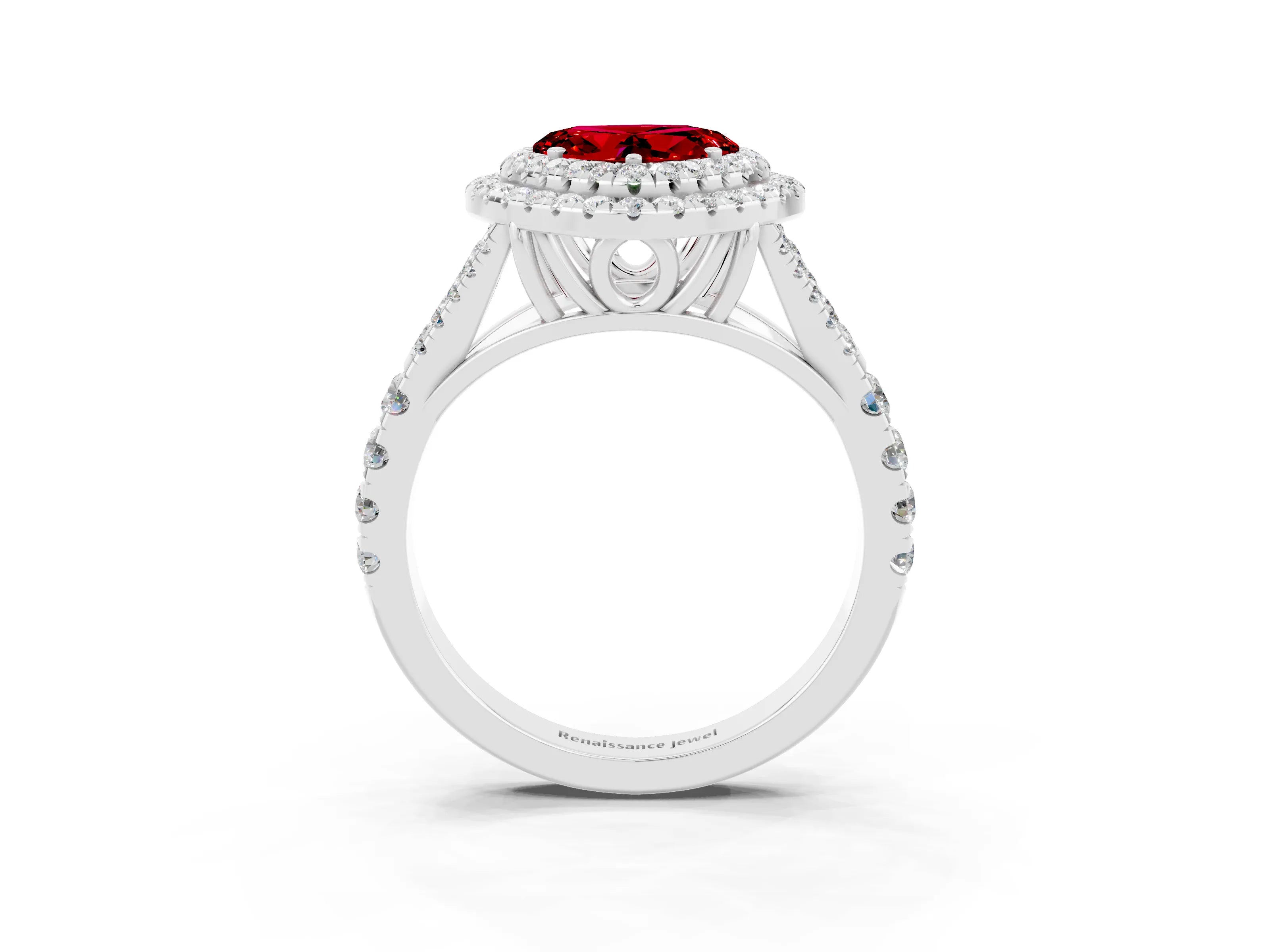 White gold Double Halo Heart Cut Ruby Pavé Split Shank Ring with Prong Setting_3