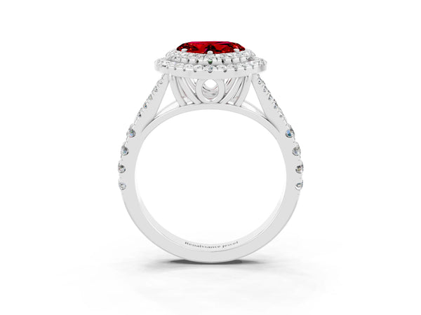 White gold Double Halo Heart Cut Ruby Pavé Split Shank Ring with Prong Setting