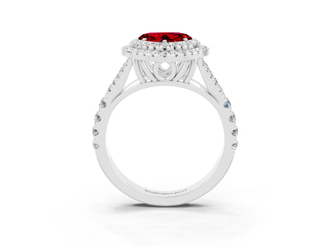 White gold Double Halo Heart Cut Ruby Pavé Split Shank Ring with Prong Setting_3