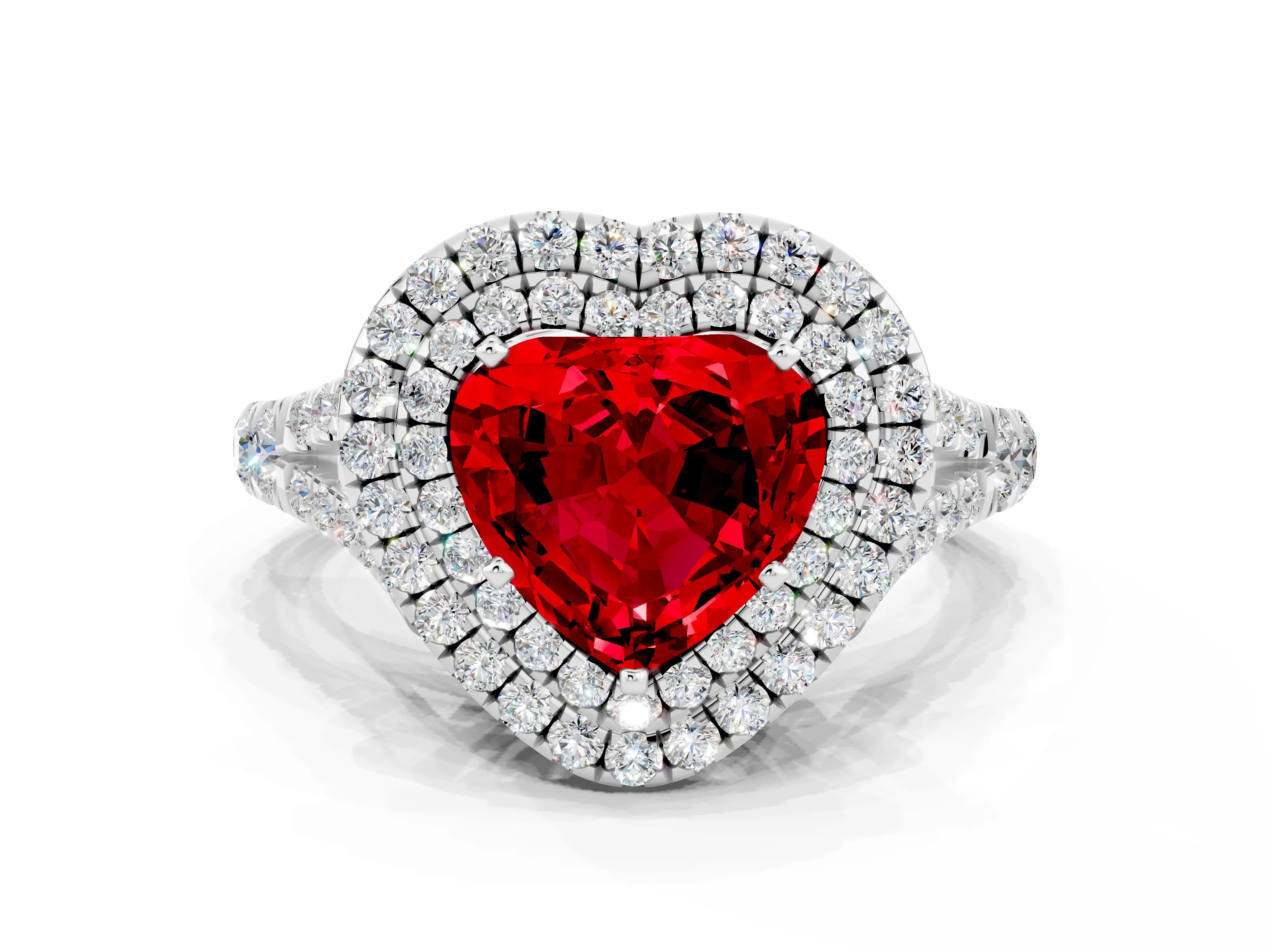 White gold Double Halo Heart Cut Ruby Split Shank Engagement Ring with Four-Prong Setting