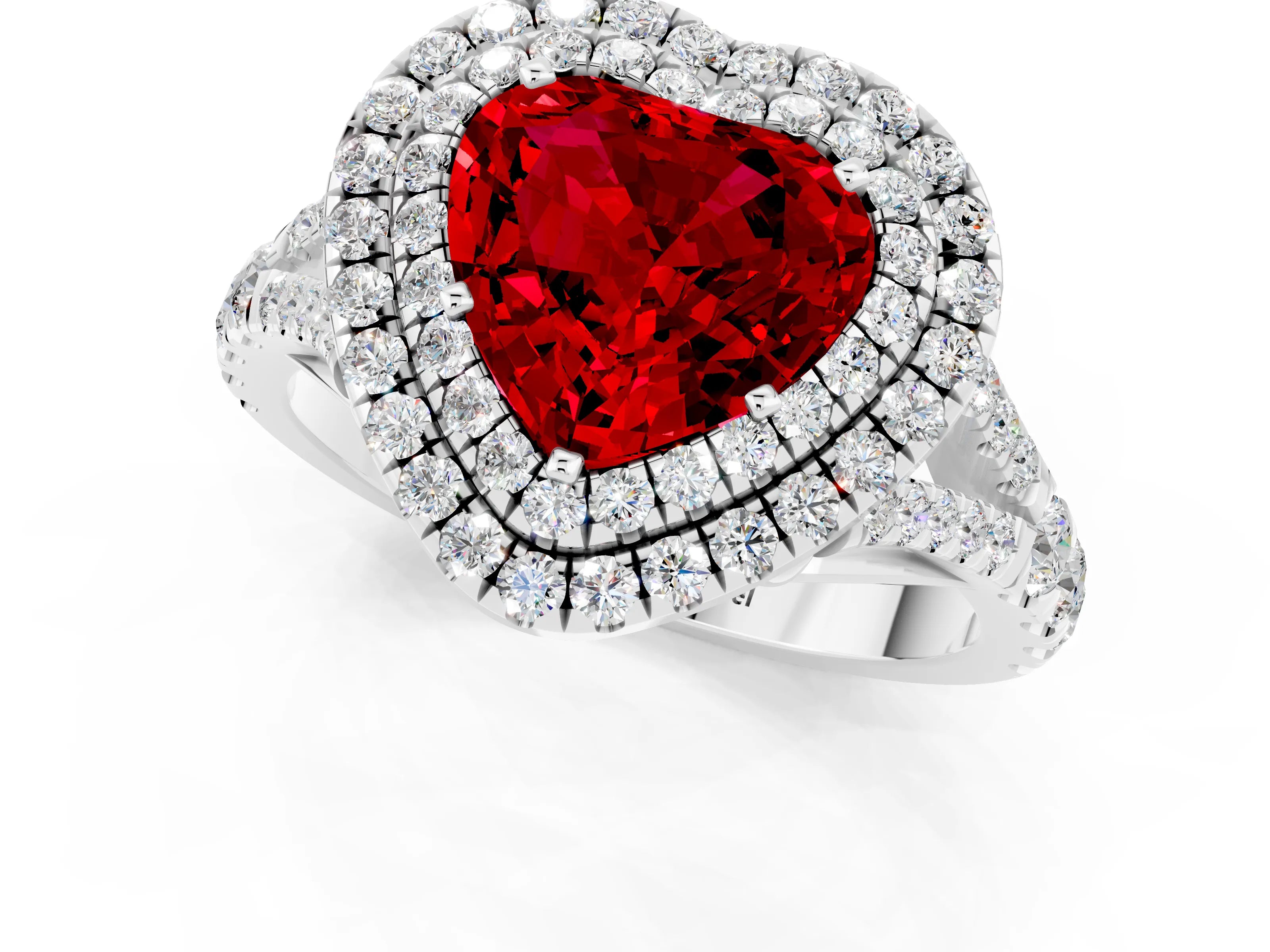 White gold Double Halo Heart Cut Ruby Split Shank Engagement Ring with Four-Prong Setting_1