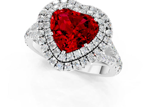 White gold Double Halo Heart Cut Ruby Split Shank Engagement Ring with Four-Prong Setting_1