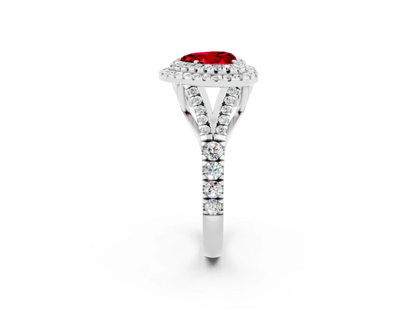 Platinum Double Halo Heart Cut Ruby Split Shank Engagement Ring with Four-Prong Setting