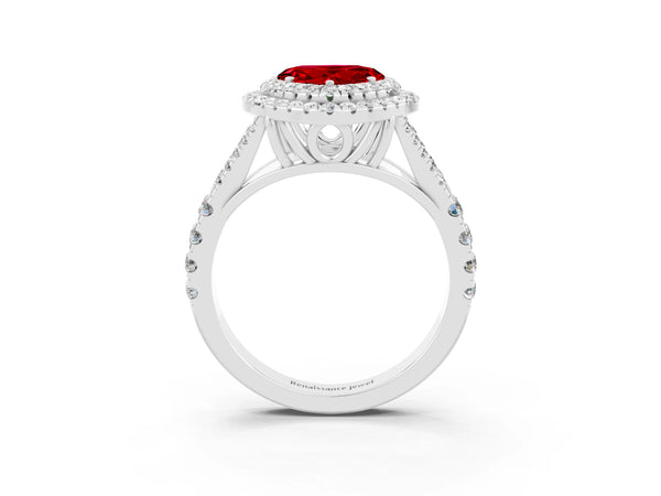 Silver Double Halo Heart Cut Ruby Split Shank Engagement Ring with Four-Prong Setting