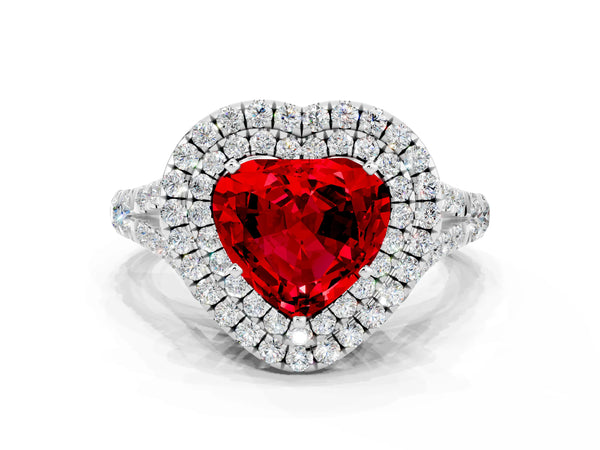 White gold Double Halo Heart Cut Ruby Split Shank Engagement Ring with Four-Prong Setting