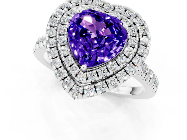 Platinum Double Halo Heart Cut Tanzanite Pavé Band with Four-Prong Setting