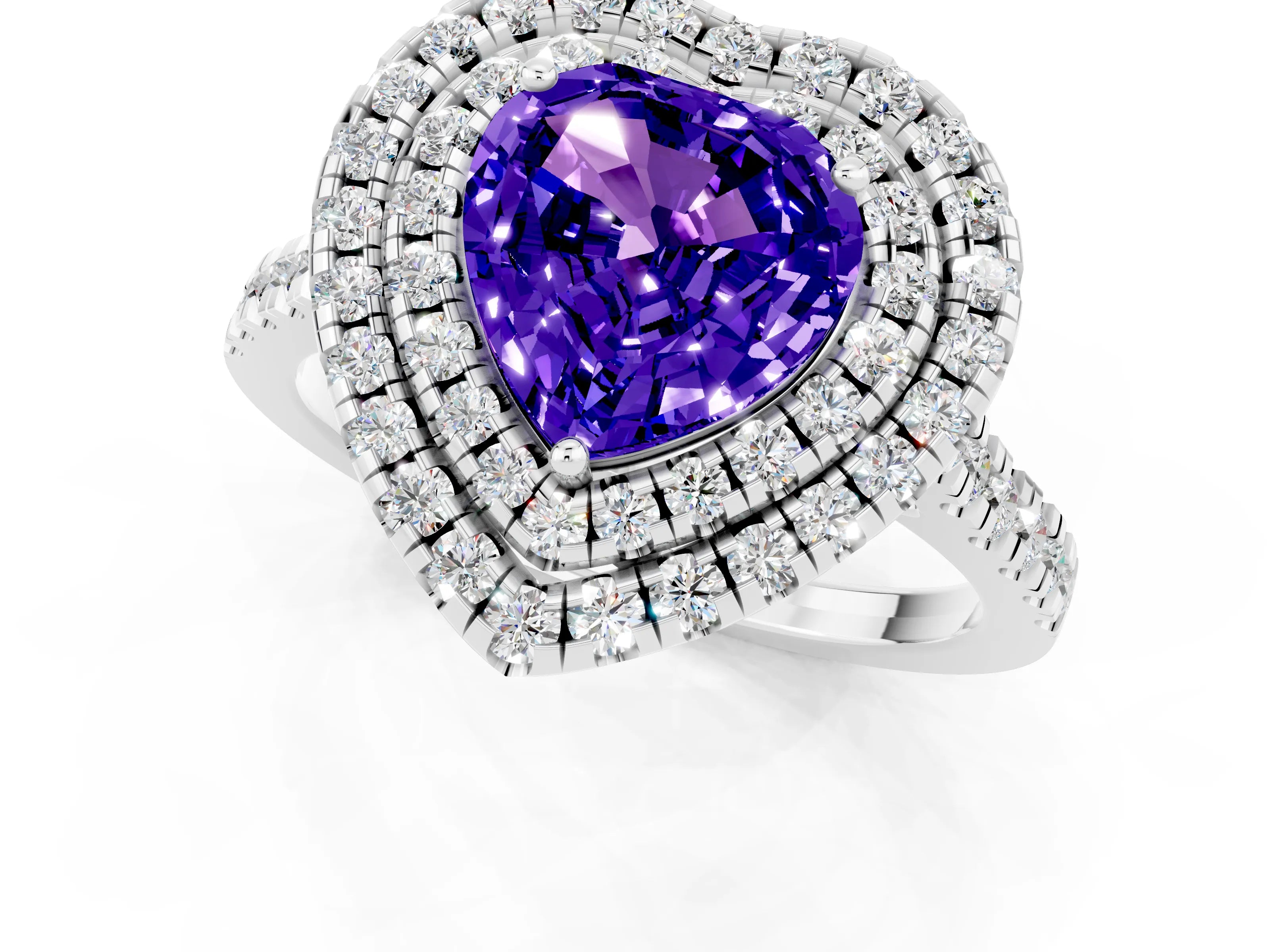 White gold Double Halo Heart Cut Tanzanite Pavé Band with Four-Prong Setting_1