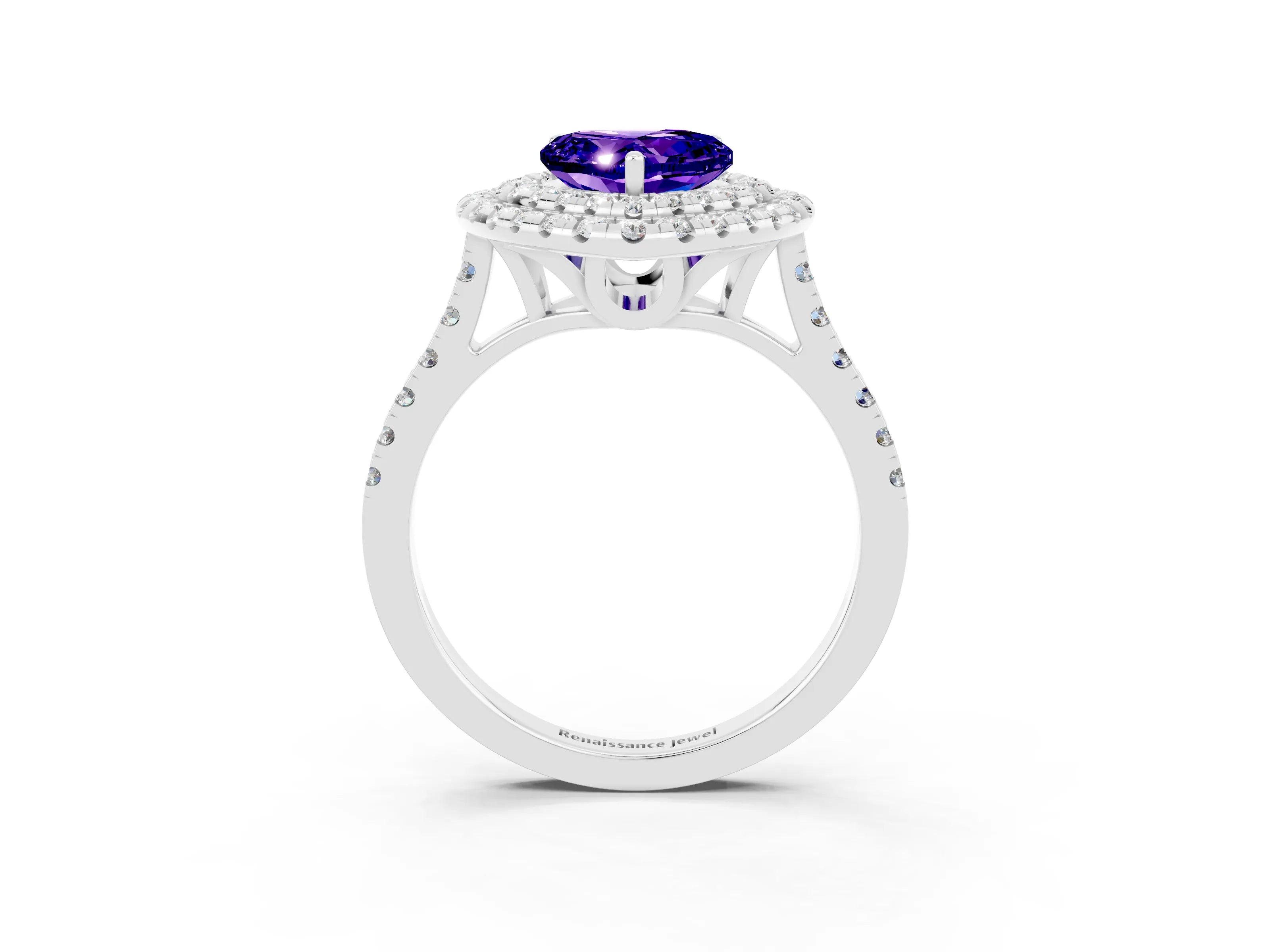 White gold Double Halo Heart Cut Tanzanite Pavé Band with Four-Prong Setting_3