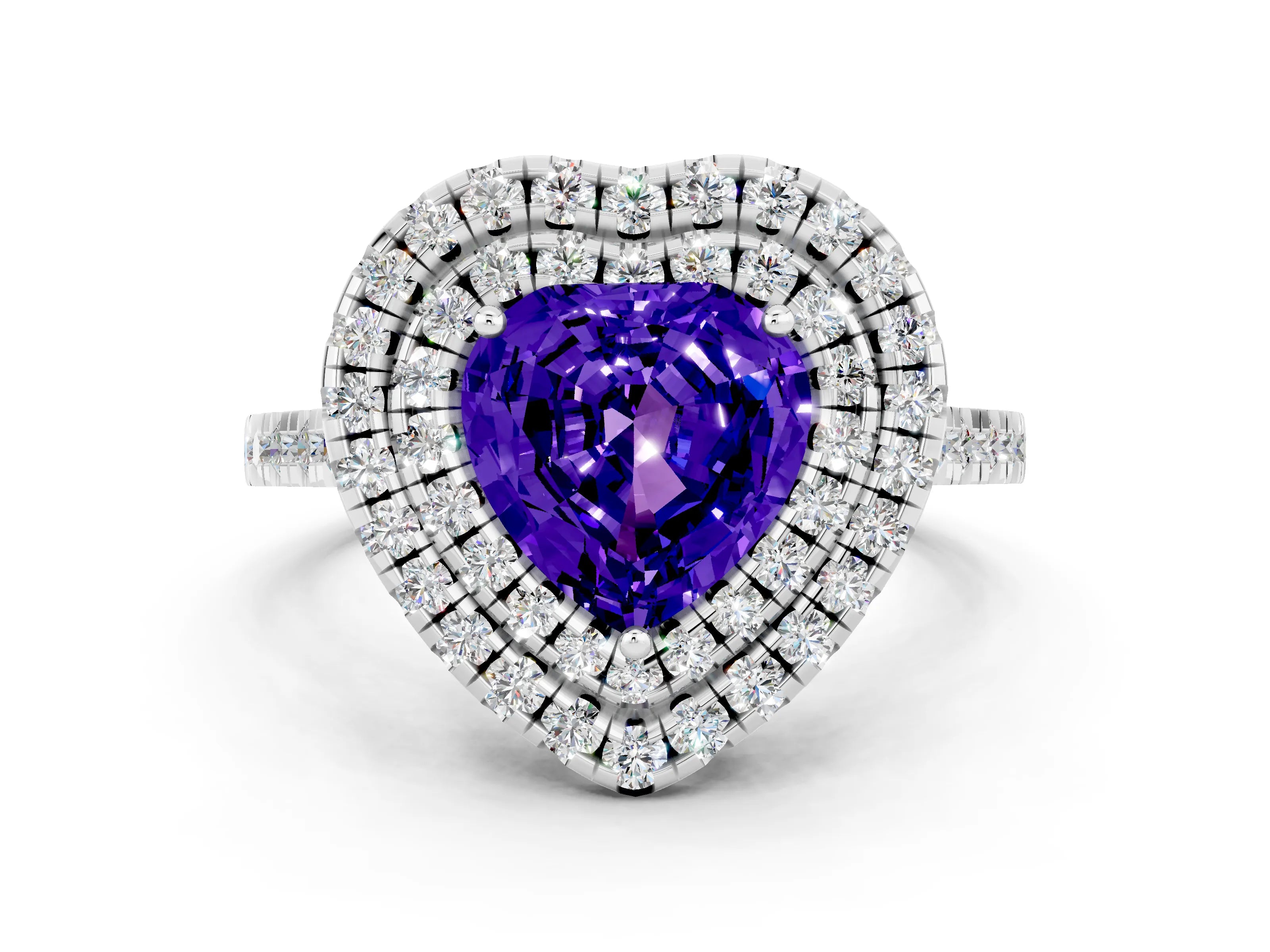 White gold Double Halo Heart Cut Tanzanite Pavé Band with Four-Prong Setting