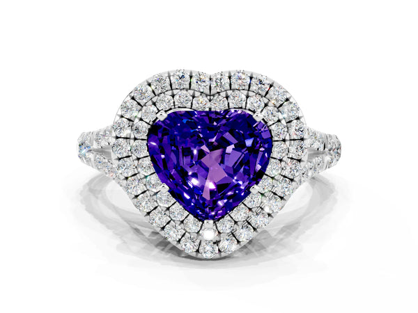Platinum Double Halo Heart Cut Tanzanite Pavé Split Shank Ring with Prong Setting