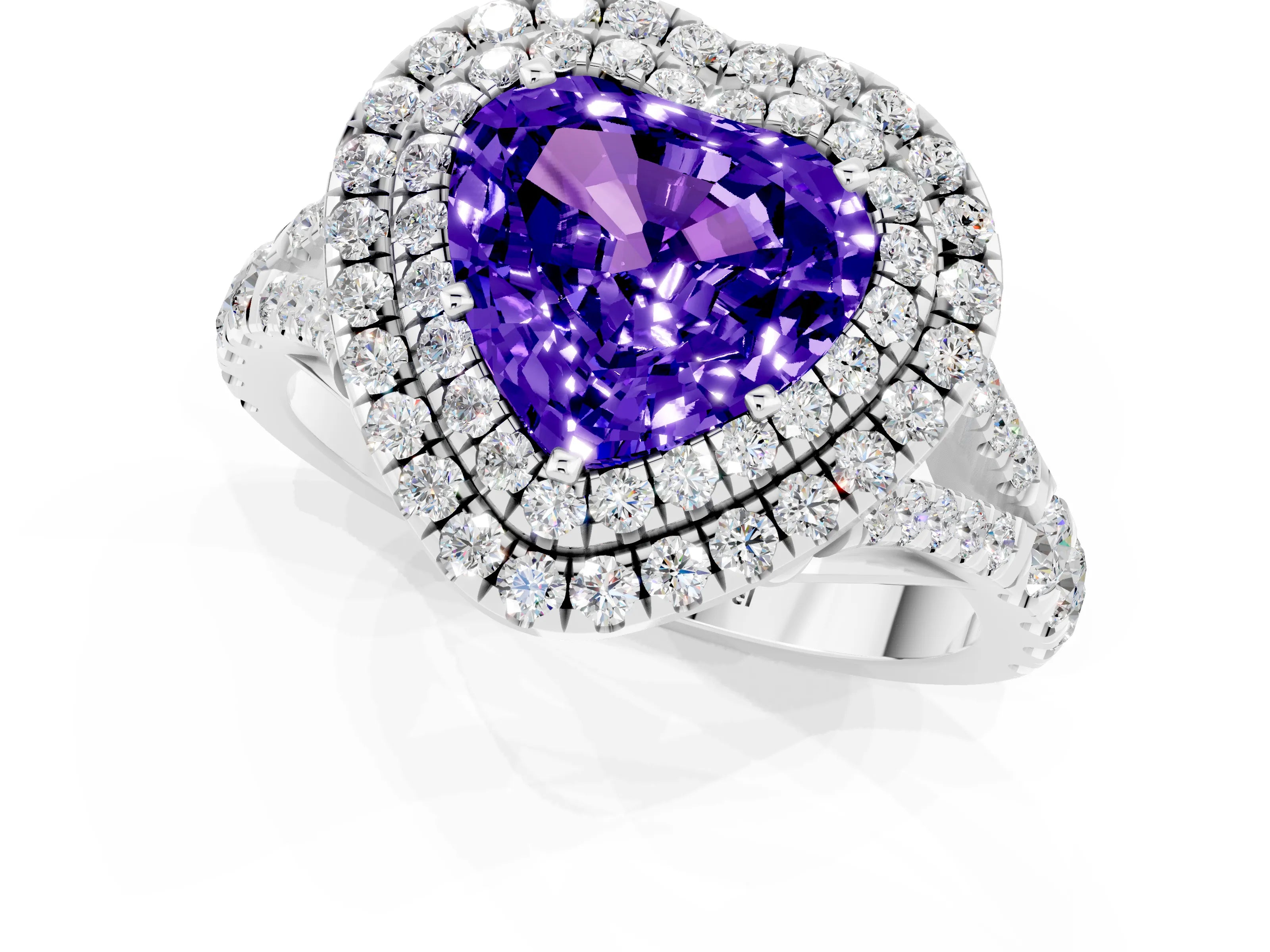 White gold Double Halo Heart Cut Tanzanite Pavé Split Shank Ring with Prong Setting_1