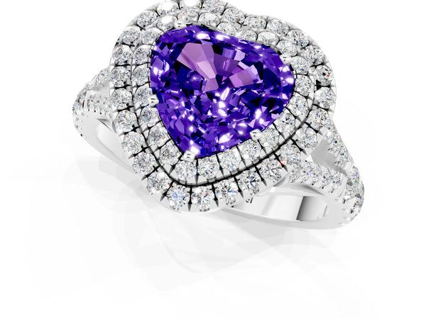 Silver Double Halo Heart Cut Tanzanite Pavé Split Shank Ring with Prong Setting