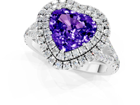 White gold Double Halo Heart Cut Tanzanite Pavé Split Shank Ring with Prong Setting_1