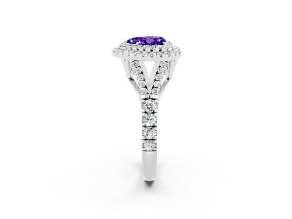 White gold Double Halo Heart Cut Tanzanite Pavé Split Shank Ring with Prong Setting