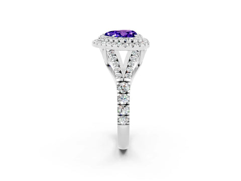 White gold Double Halo Heart Cut Tanzanite Pavé Split Shank Ring with Prong Setting_2