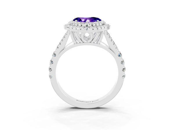 Platinum Double Halo Heart Cut Tanzanite Pavé Split Shank Ring with Prong Setting