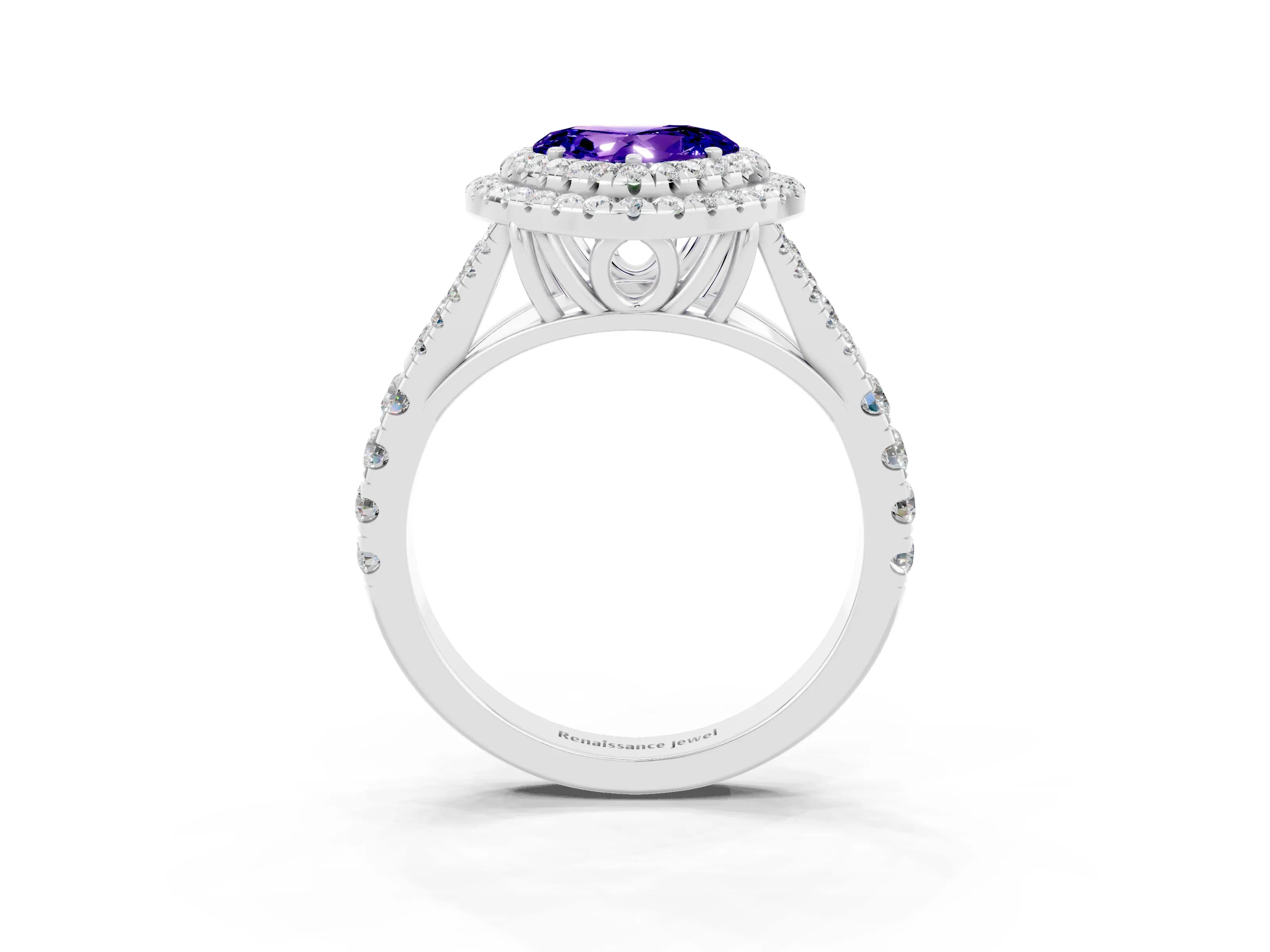 White gold Double Halo Heart Cut Tanzanite Pavé Split Shank Ring with Prong Setting_3