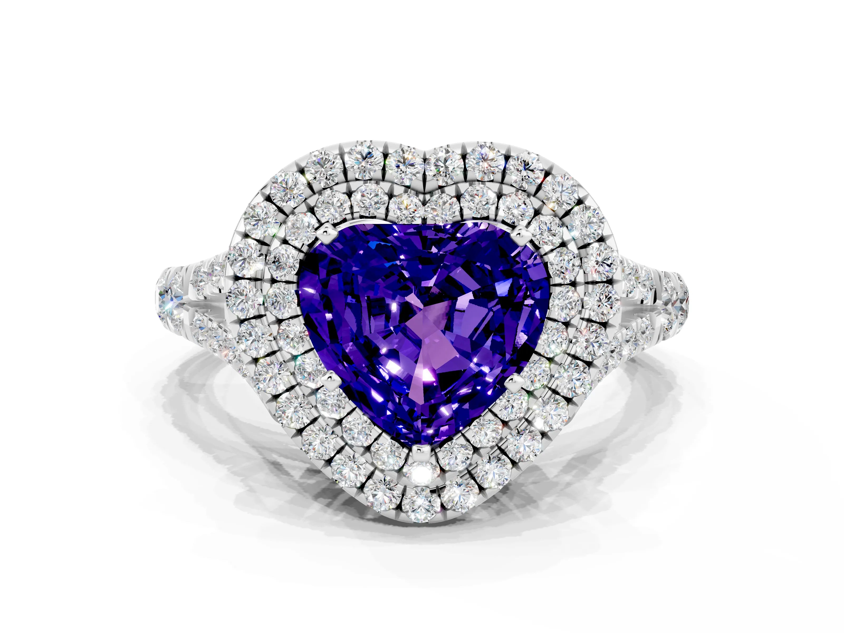 White gold Double Halo Heart Cut Tanzanite Pavé Split Shank Ring with Prong Setting