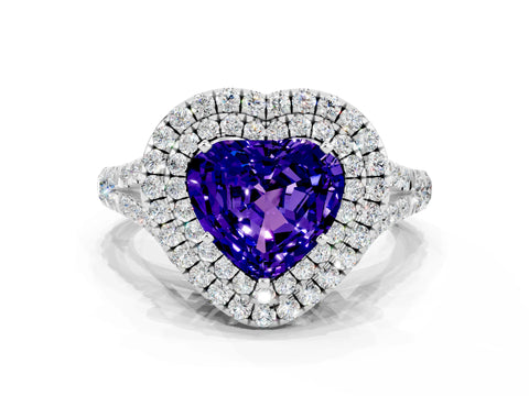 White gold Double Halo Heart Cut Tanzanite Pavé Split Shank Ring with Prong Setting
