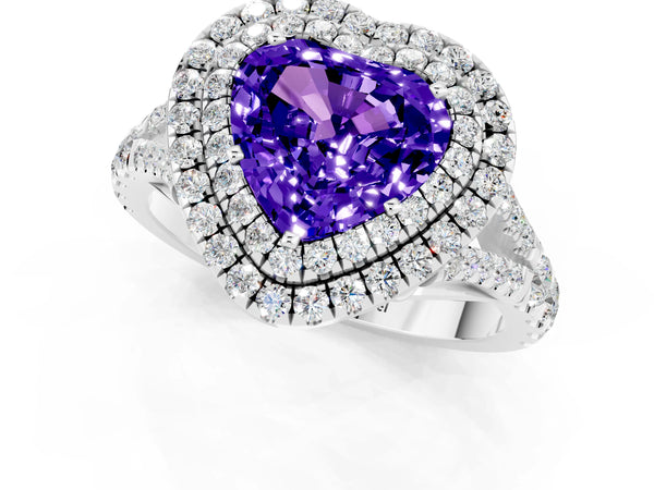 Platinum Double Halo Heart Cut Tanzanite Split Shank Engagement Ring with Four-Prong Setting
