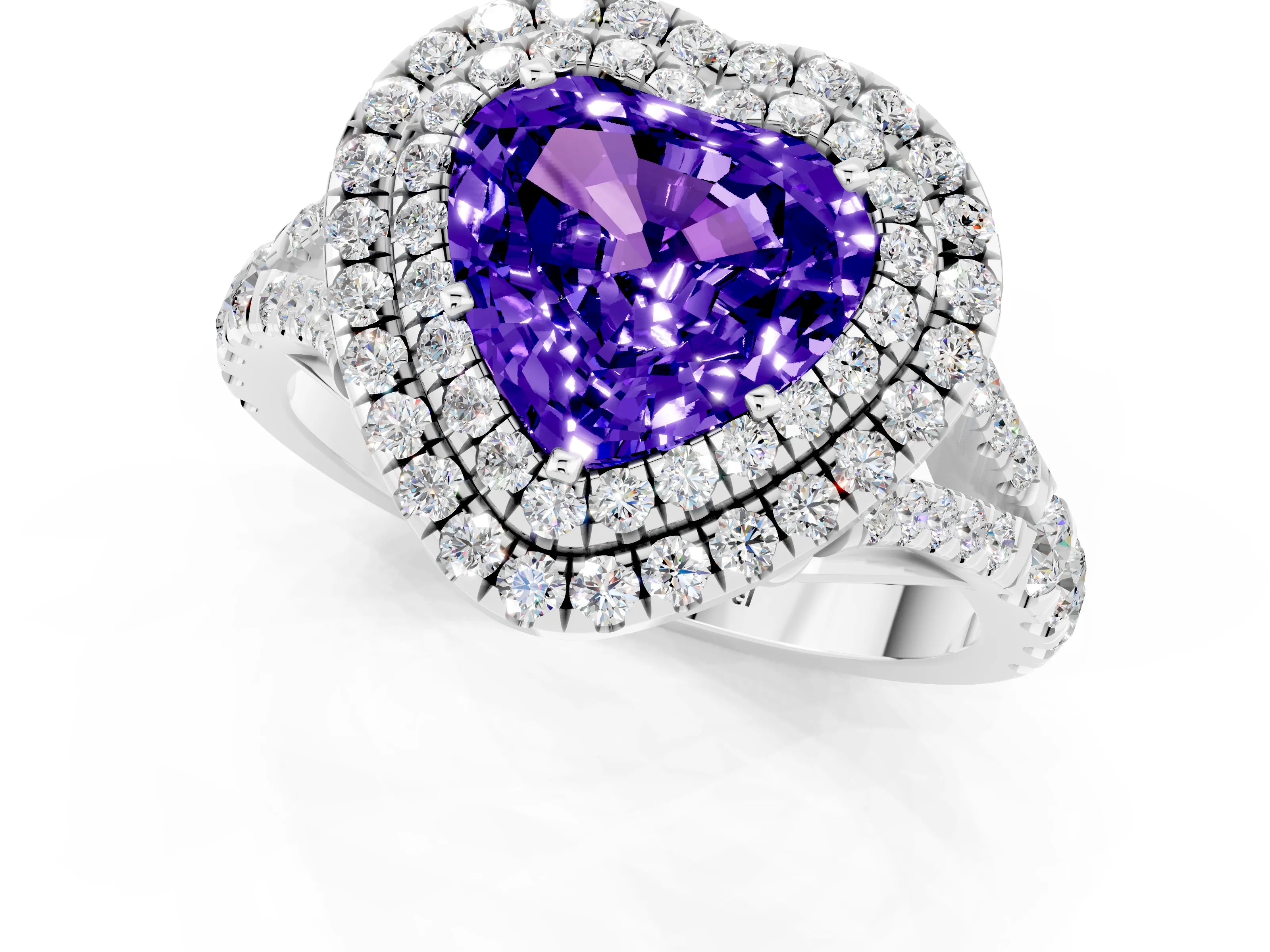 White gold Double Halo Heart Cut Tanzanite Split Shank Engagement Ring with Four-Prong Setting_1