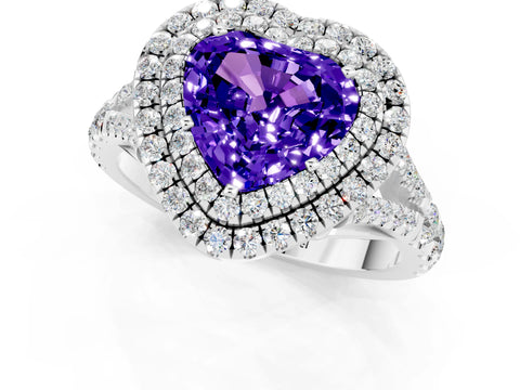 White gold Double Halo Heart Cut Tanzanite Split Shank Engagement Ring with Four-Prong Setting_1