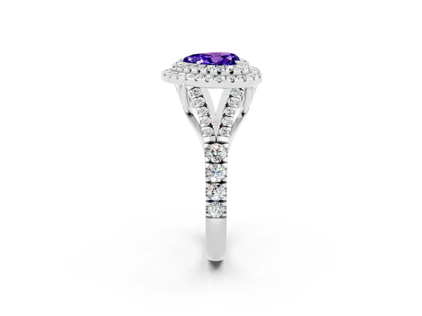 Platinum Double Halo Heart Cut Tanzanite Split Shank Engagement Ring with Four-Prong Setting