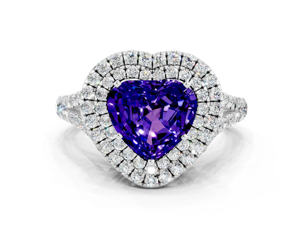 White gold Double Halo Heart Cut Tanzanite Split Shank Engagement Ring with Four-Prong Setting
