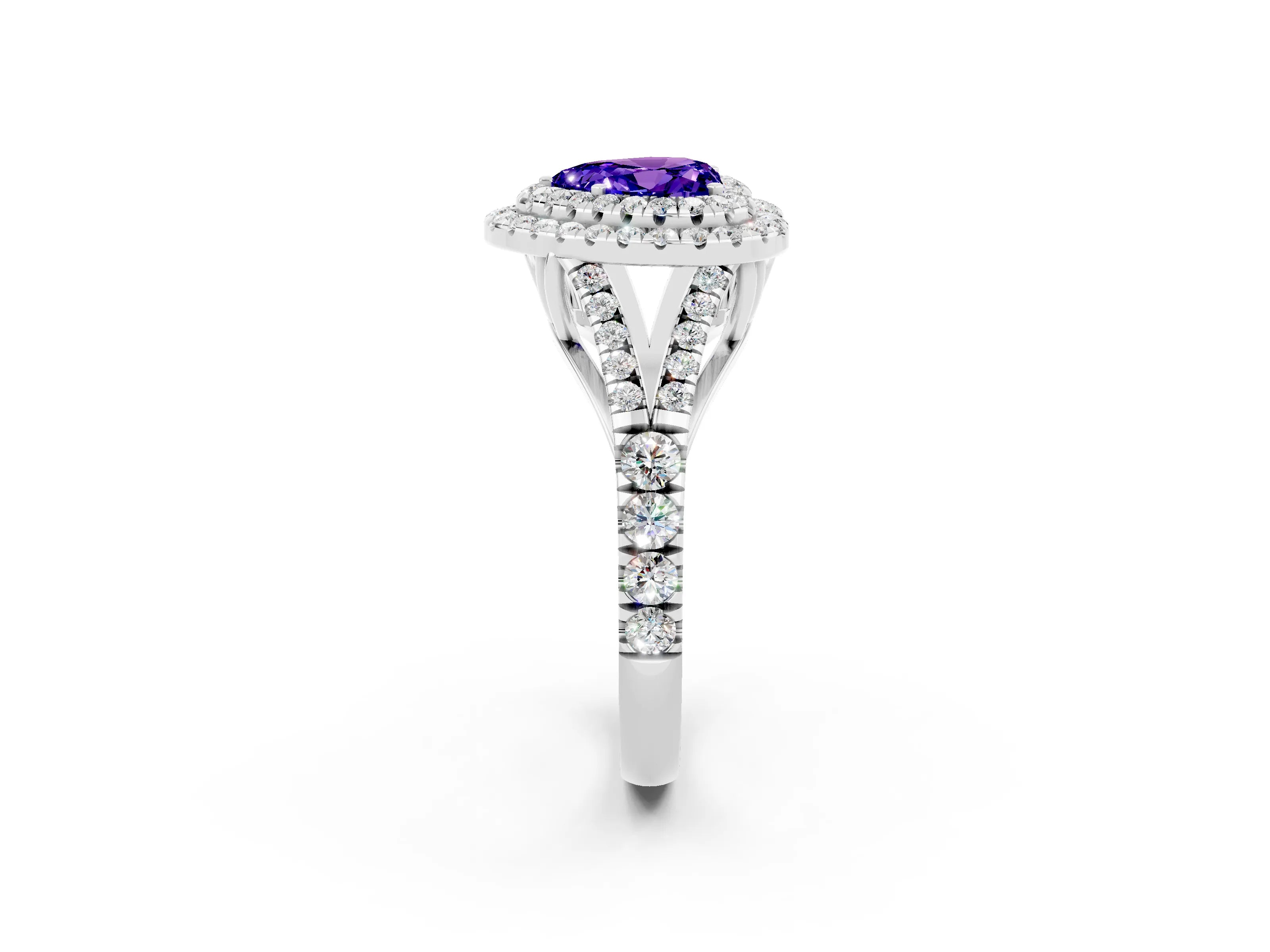 White gold Double Halo Heart Cut Tanzanite Split Shank Engagement Ring with Four-Prong Setting_2