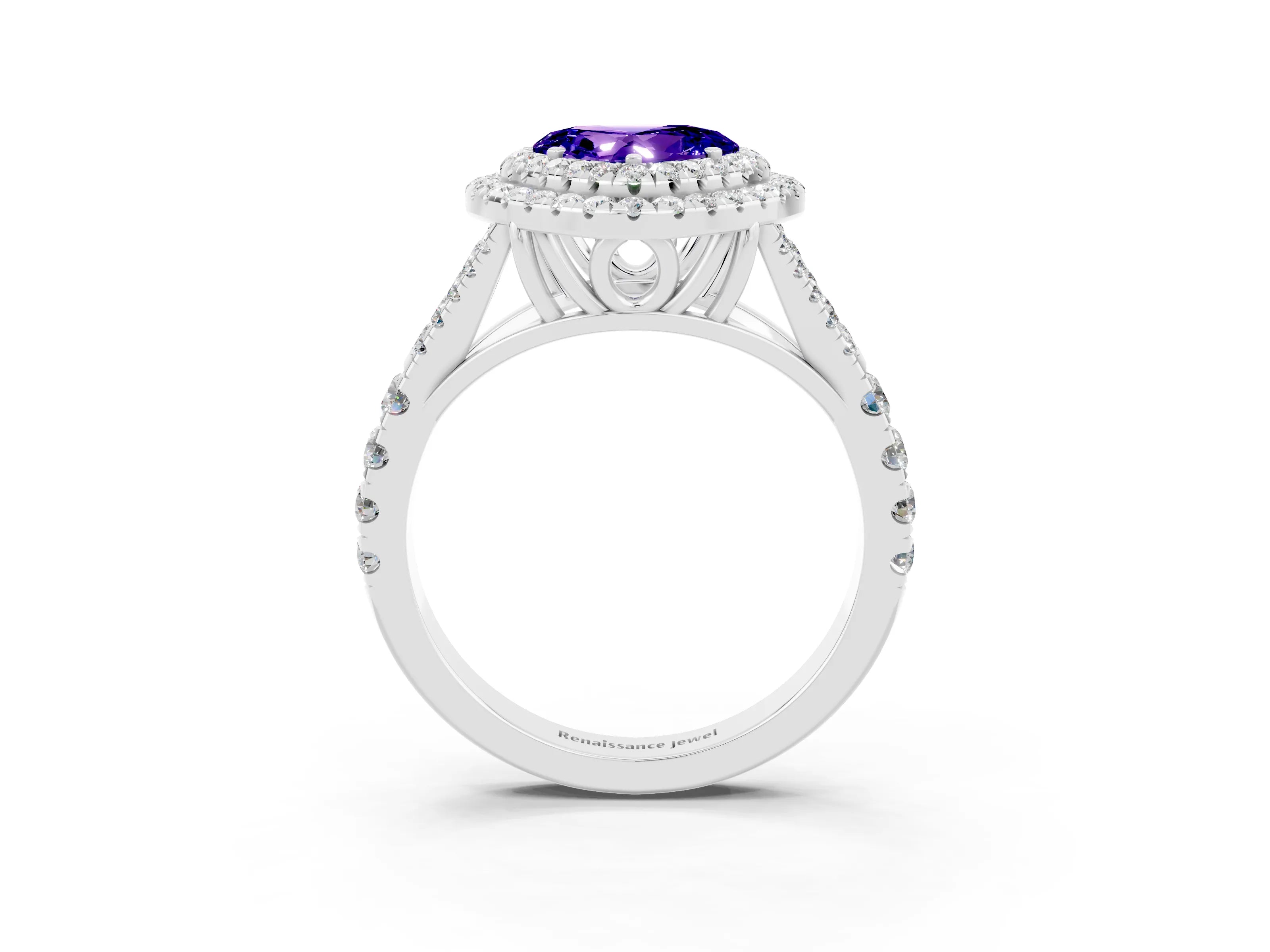 White gold Double Halo Heart Cut Tanzanite Split Shank Engagement Ring with Four-Prong Setting_3