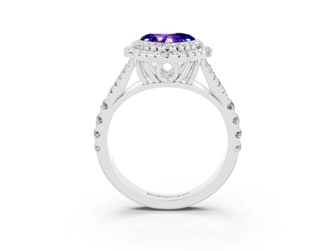 White gold Double Halo Heart Cut Tanzanite Split Shank Engagement Ring with Four-Prong Setting_3