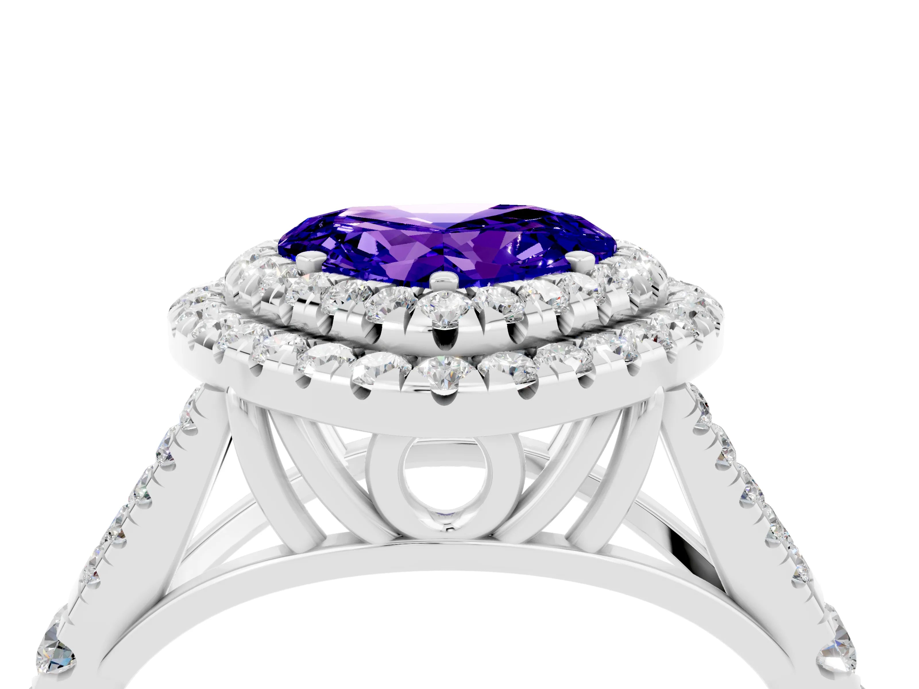 White gold Double Halo Heart Cut Tanzanite Split Shank Engagement Ring with Four-Prong Setting_4