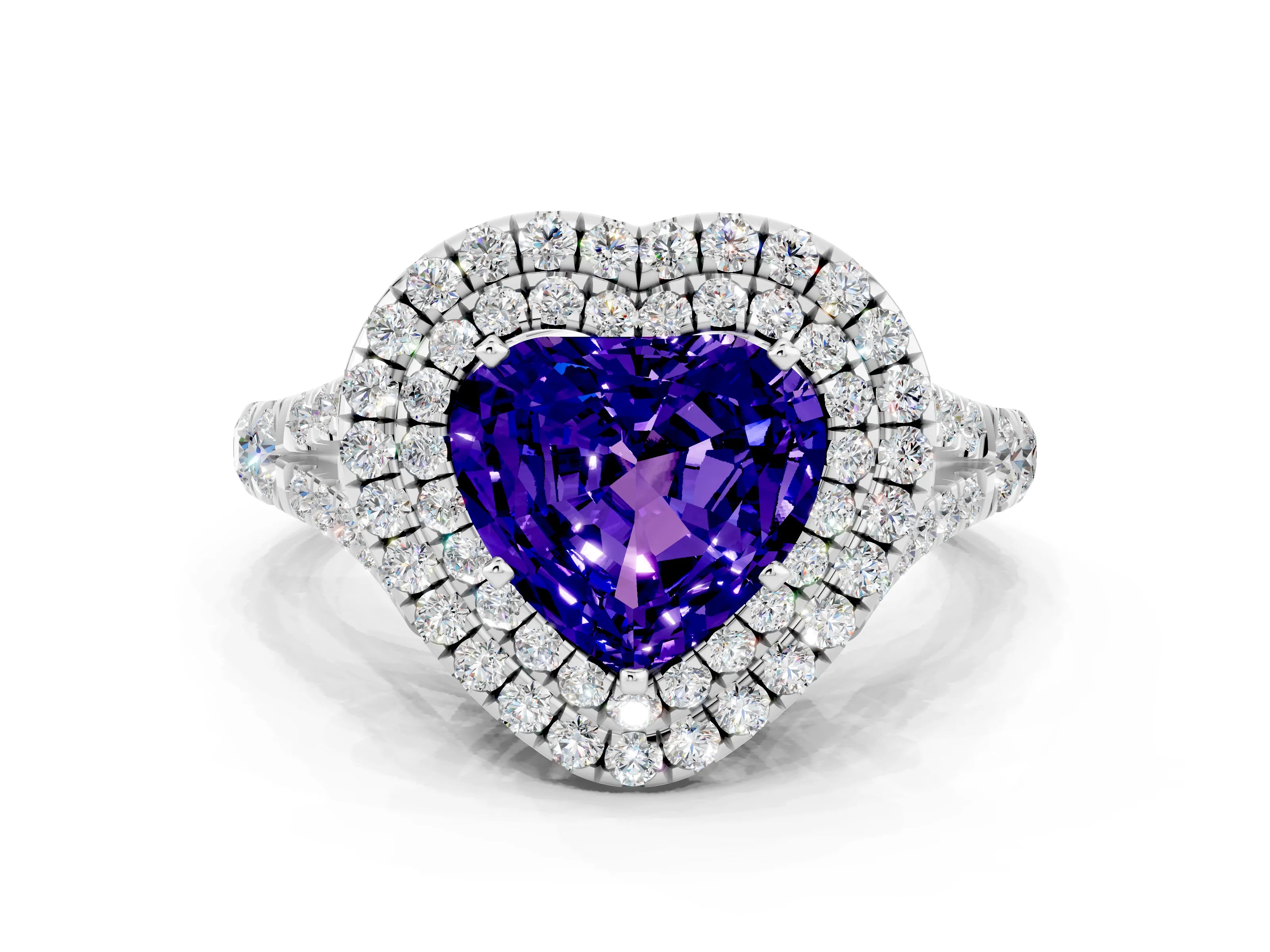 White gold Double Halo Heart Cut Tanzanite Split Shank Engagement Ring with Four-Prong Setting