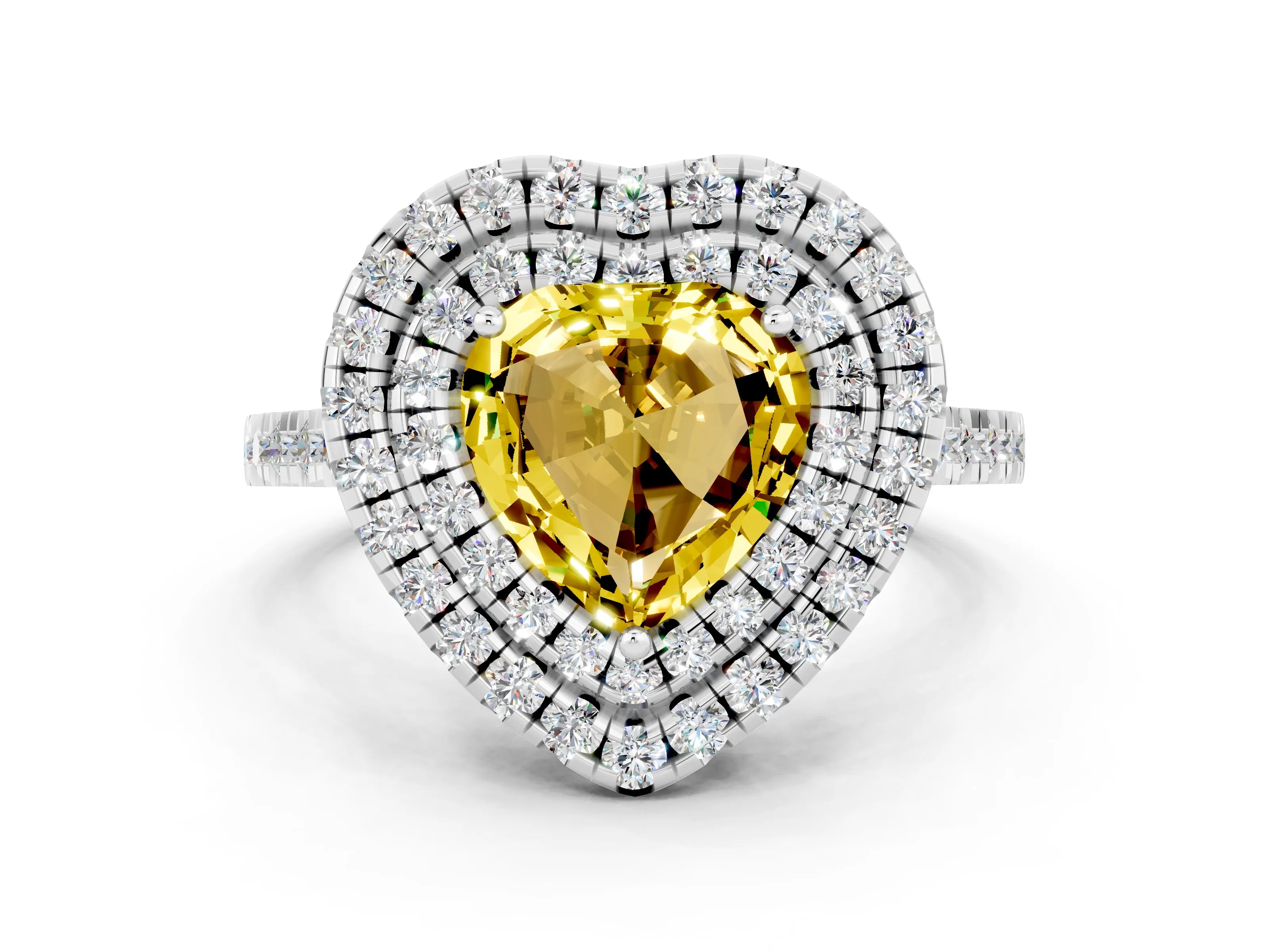 White gold Double Halo Heart Cut Yellow Sapphire Pavé Band with Four-Prong Setting_24
