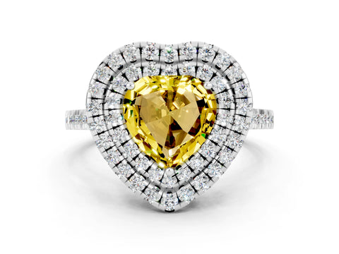 White gold Double Halo Heart Cut Yellow Sapphire Pavé Band with Four-Prong Setting_24