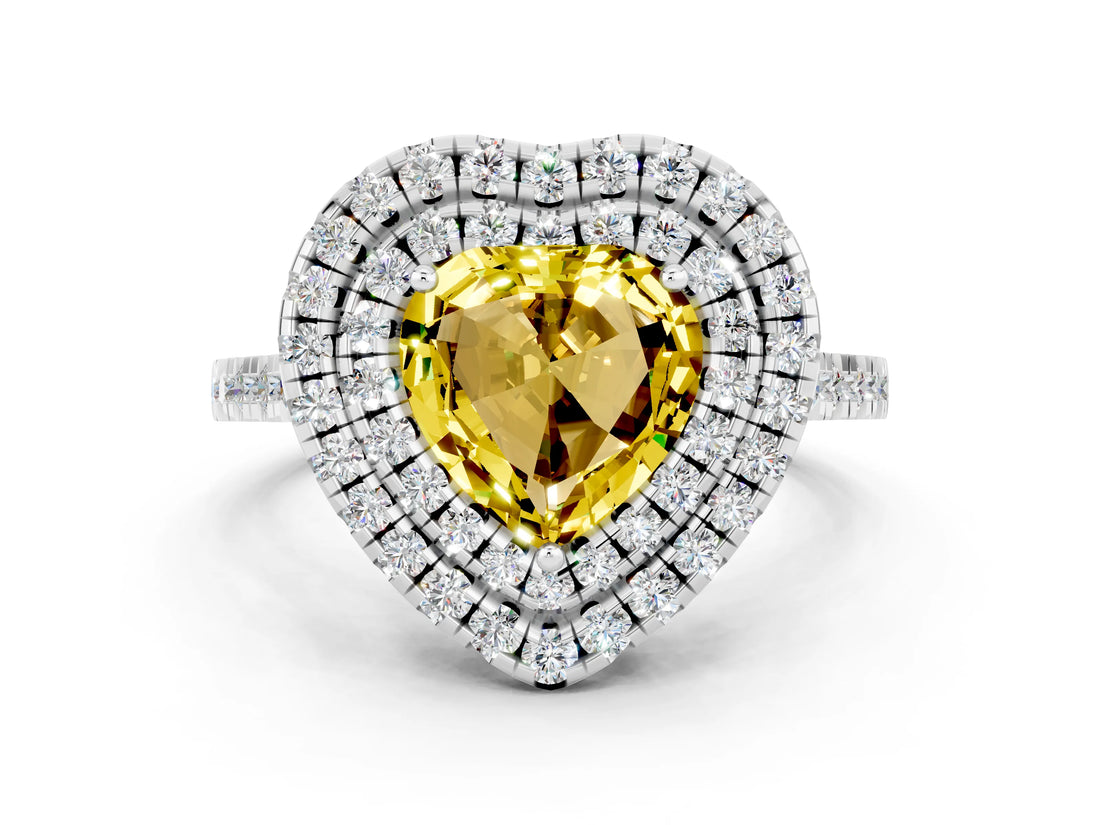 White gold Double Halo Heart Cut Yellow Sapphire Pavé Band with Four-Prong Setting_24
