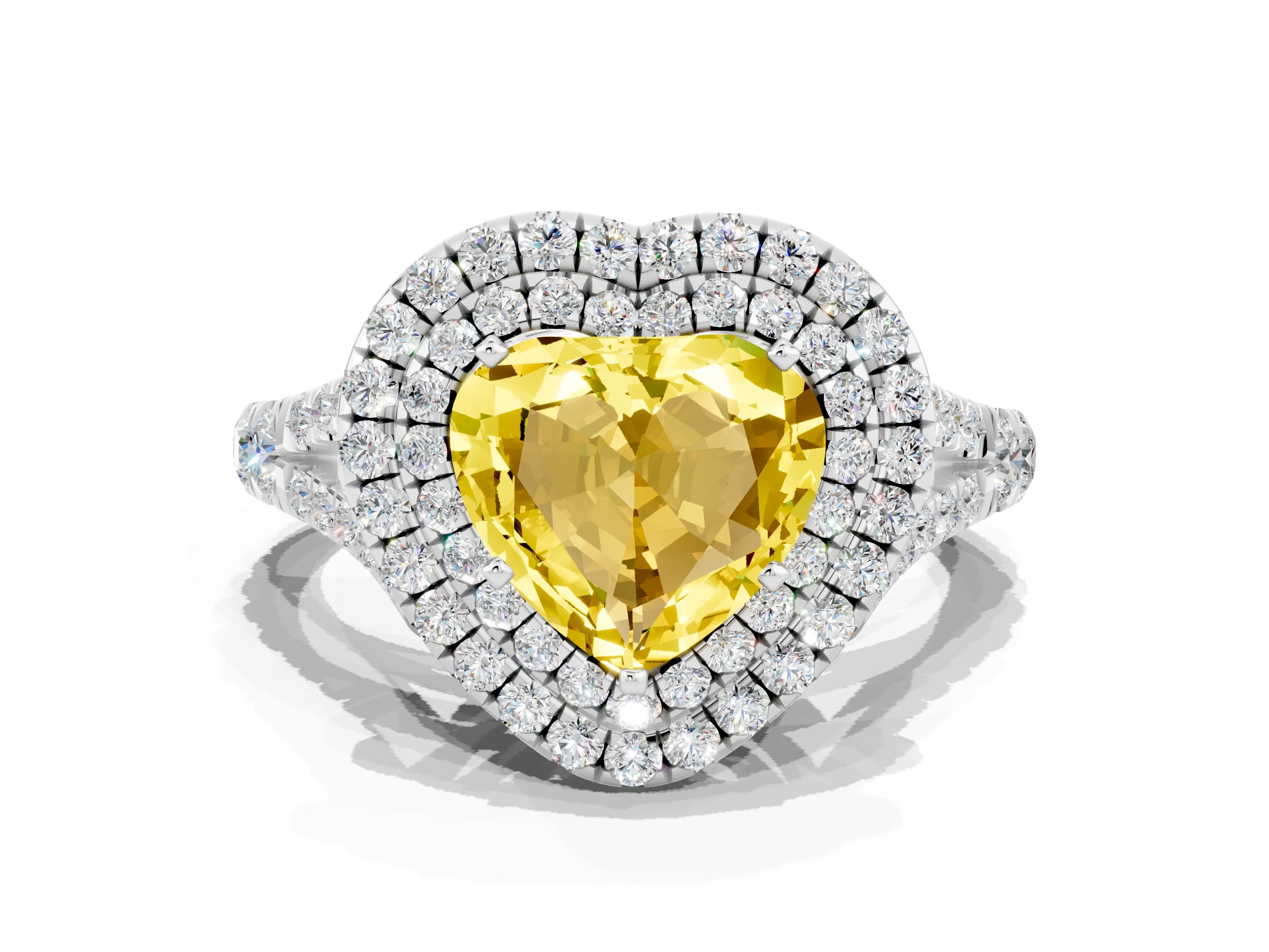 White gold Double Halo Heart Cut Yellow Sapphire Pavé Split Shank Ring with Prong Setting