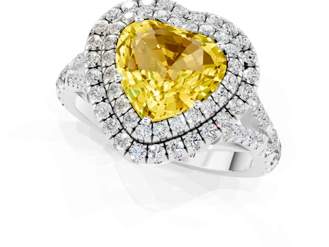 White gold Double Halo Heart Cut Yellow Sapphire Pavé Split Shank Ring with Prong Setting_1