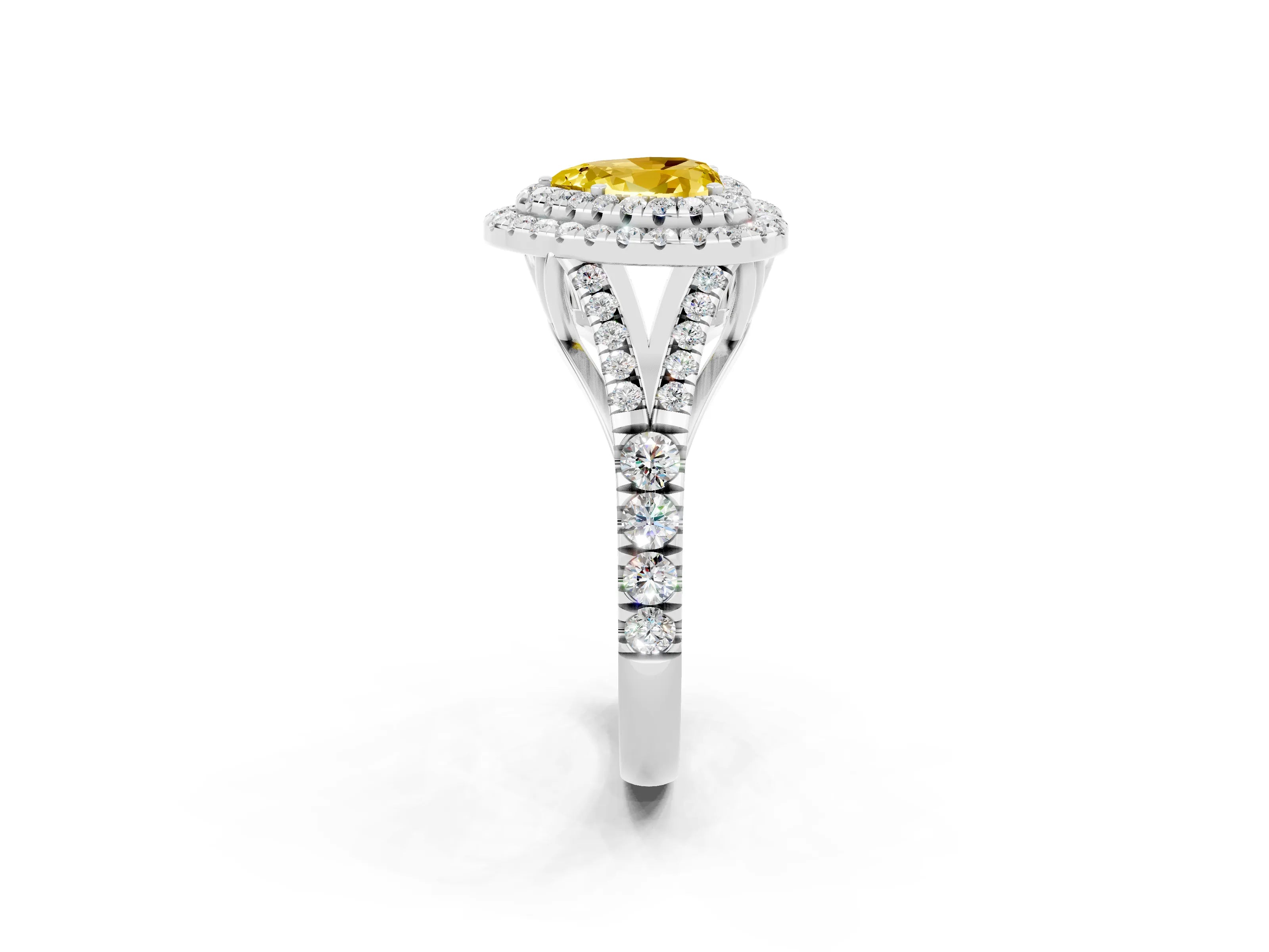 White gold Double Halo Heart Cut Yellow Sapphire Pavé Split Shank Ring with Prong Setting_2