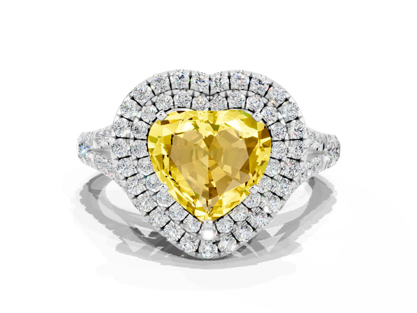 Silver Double Halo Heart Cut Yellow Sapphire Pavé Split Shank Ring with Prong Setting