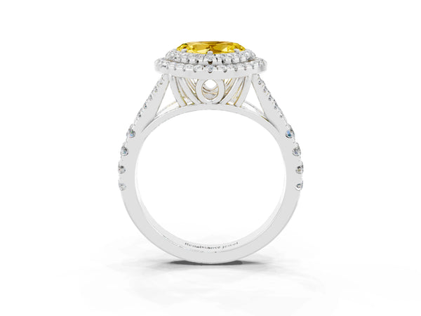 Platinum Double Halo Heart Cut Yellow Sapphire Pavé Split Shank Ring with Prong Setting